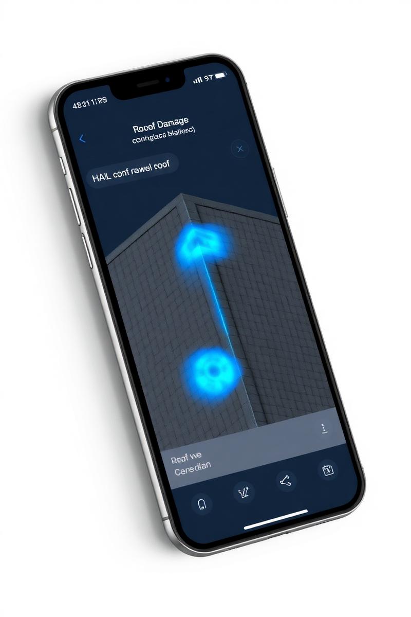iSmart AI mobile app showing a 3D roof scan with hail damage markers
